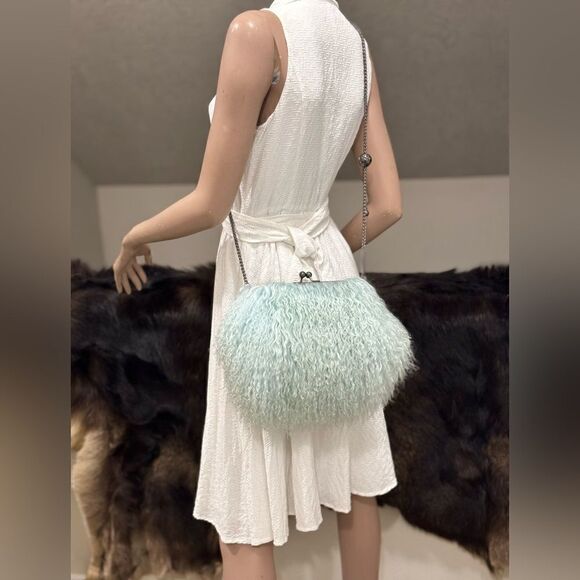 Aqua Handmade Real Mongolian Lamb Fur Kisslock Wristlet/Shoulder Bag, Crossbody - Picture 8 of 16